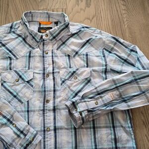 Orvis Trout Bum Men's XL Pearl Snap Plaid Shirt Blue Long Sleeve Western Yoke